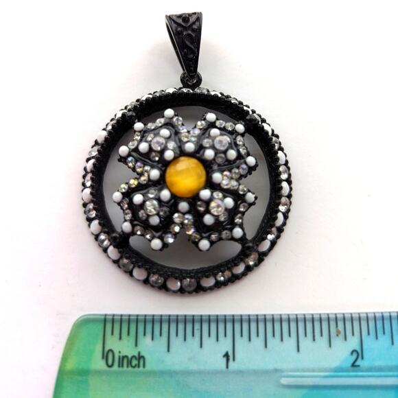 Stunning Black Metal Beaded Rhinestone Large Floral Open Goth Pendant - Picture 2 of 3